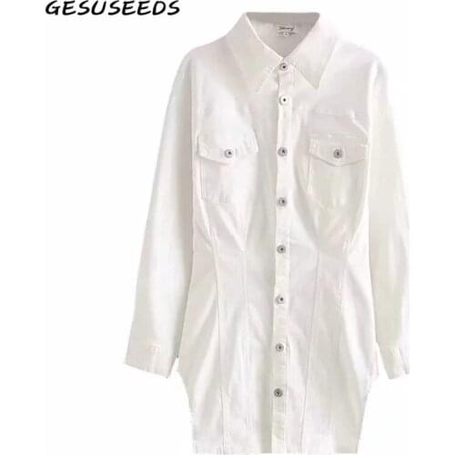 Spring vintage dress women long sleeve dresses fashion single breasted dress turn down collar dresses white mini dress holiday