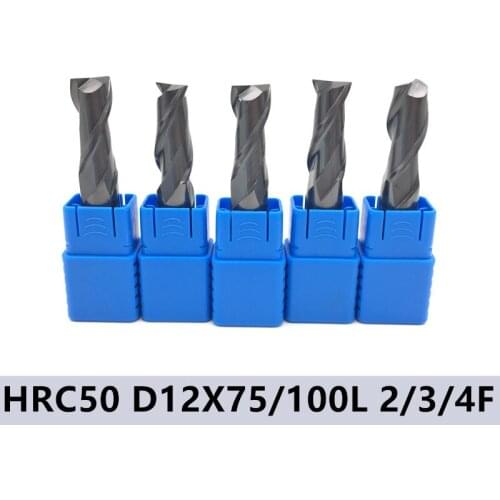 1PC HRC50 D12 75L 100L 12MM 2F 3F 4F Carbide End Mills, Cutting Tools, Tungsten Steel Alloy CNC