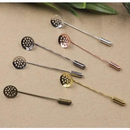 10pcs/lot 12mm round blank tray vintage copper 5 colors plated 50mm long brooch pin base settings diy jewelry