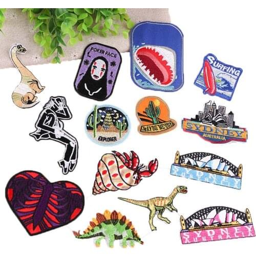 20pcs/lot Fashion Embroidery Patch Letter Love Dinosaur Surfing Opera House Anime Clothing Decoration Strange Things Applique
