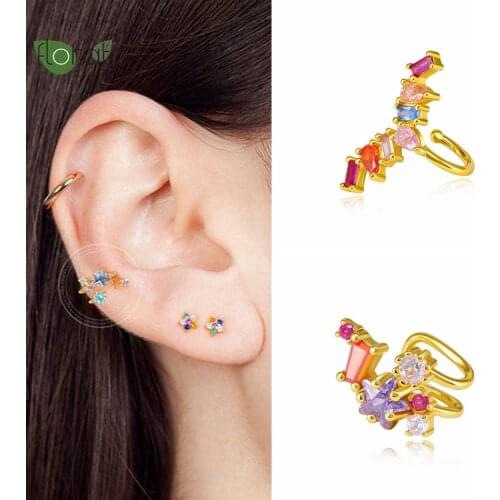 YUXINTOME 1PC Brass/24k Gold-Plated Ear Cuffs Rainbow Bling Crystal for Women No Ear Hole Fake Piercing Clip On Earring Jewelry