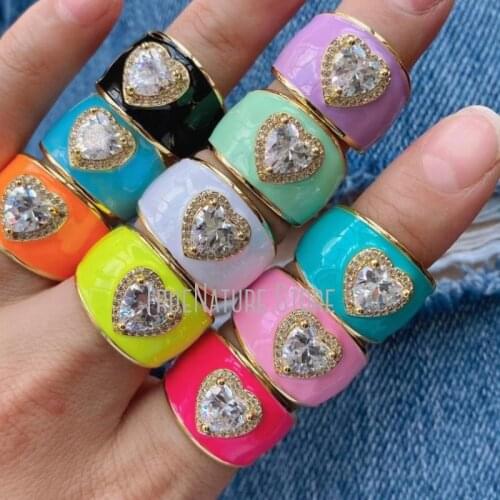 5Pcs RM40046 Copper Jewelry Copper Adjustable Gold Plated Rings Enamel Heart Shape Colors Gold Plated Cubic Zirconia Ring