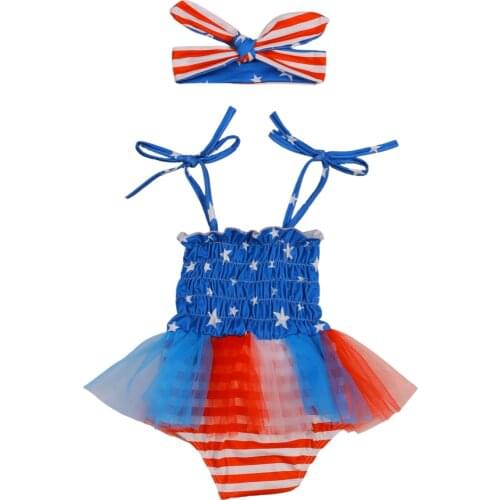 Citgeett Summer Independence Day Infant Girl Bodysuit Star Striped Printed Pattern Dress Headband Suit Clothes