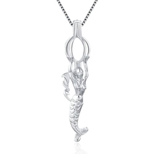 CLUCI 3pcs Silver 925 Pendant Women Necklace Jewelry 925 Sterling Silver Mermaid Shaped Pearl Locket Cage Pendant SC027SB