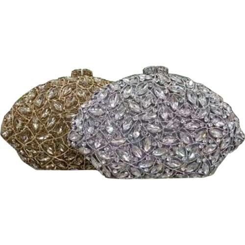 Ladies floral crystal evening dress bag hard shell metal single chain handbag and purse bridal wedding party clutch