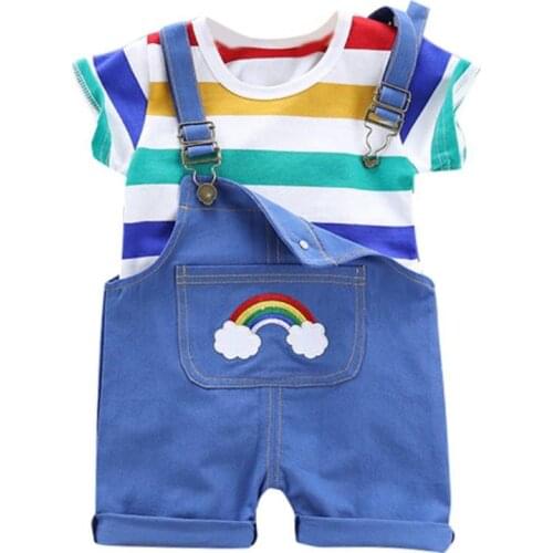 Baby Clothes Summer Kids Short Sleeve Stripe Print Tops Blouse T-shirt+Suspender Pants Children Casual Outfits Sets For Kids New