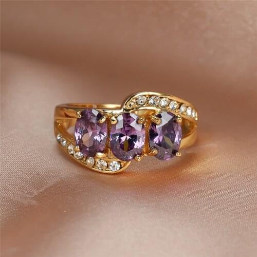 Purple Oval Three Stone Crystal Ring Charm Gold Color Jewelry Wedding Rings For Women Cute Bride Engagement Valentines Day Gift