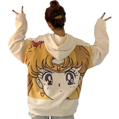 Harajuku Sailor Moon Cartoon Print Hoodie Women Loose Casual Cute Pocket Long Sleeve Pullover Tops Clothes Streetwear Sweatshirt