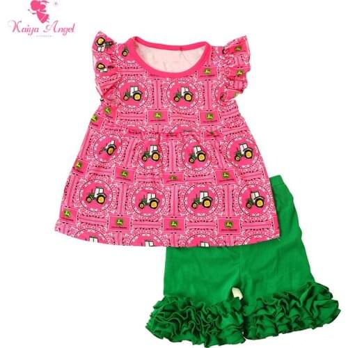 Kaiya Angel Boutique Kids Clothing Baby Girl Clothes BackTo School Fly Sleeve T Shirt Green Shorts Ruffle Set Baby Girl Summer
