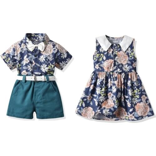 Tem Doger Summer Hawaiian Style Brother and Sister Matching Outfits Children Boys Formal Clothes Sets+Girls Princess Dress