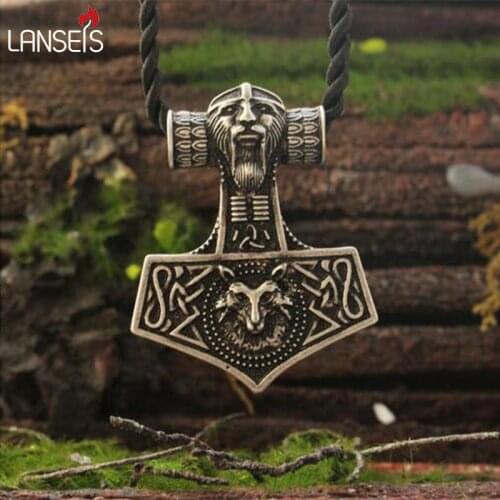 Lanseis20pc Viking fox necklace Thors Hammer Mjolnir Pendant Lge Odins Norse Fox men amulet jewelry