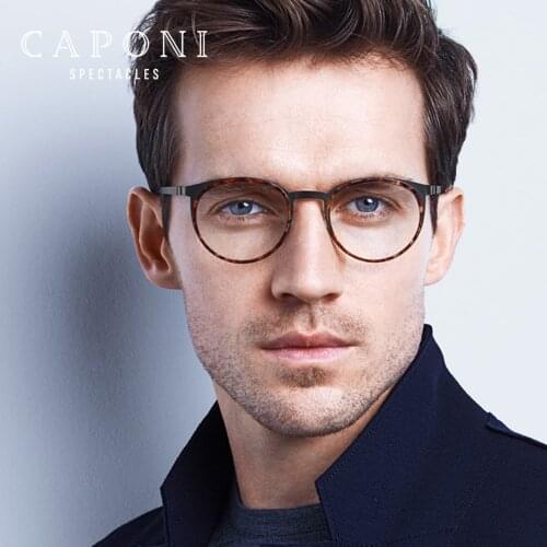 CAPONI Round Glasses Frame For Men Blue Light Blocking Glasses 2020 Optical Titanium Business Computer Eyeglasses Frames JF9704