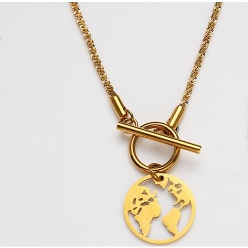 World Map Necklace Stainless Steel Toggle Necklace For Women Gold/Silver Color Metal World Earth Coin Necklace Choker Collier