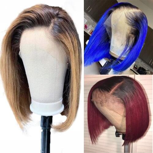 Ombre Color Bob Lace Front Human Hair Wigs Highlight Brazilian Color Straight Bob Wig 13x4 Lace Front Wig Preplucked