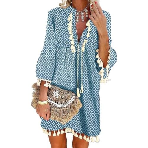 Popular Beach Dress Skin-friendly Geometric Print Tassel Women V Neck 3/4 Sleeve Dress Comfortable to wear for Summer Vacation