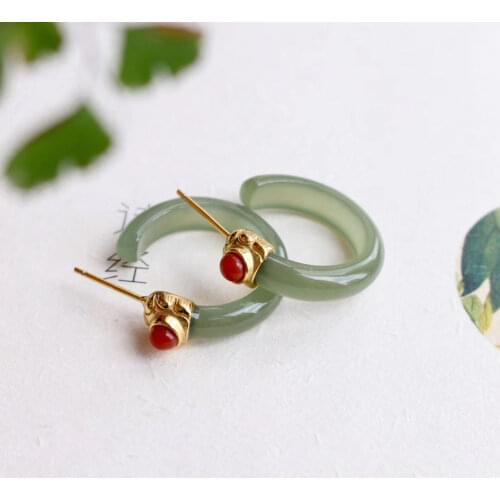 Retro Stud Earrings Beautiful Classical Ancient S925 Sterling Silver Earrings Ancient Style Super Fairy Natural Gray Jade Hetian