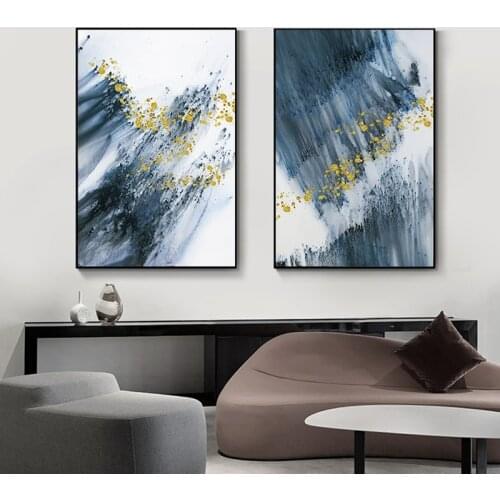 Modern Blue Poster Decor Abstract Tableaux Big Poster Print Nordic Wall Art for Living Room Entrance Aisle Golden Dots Painting