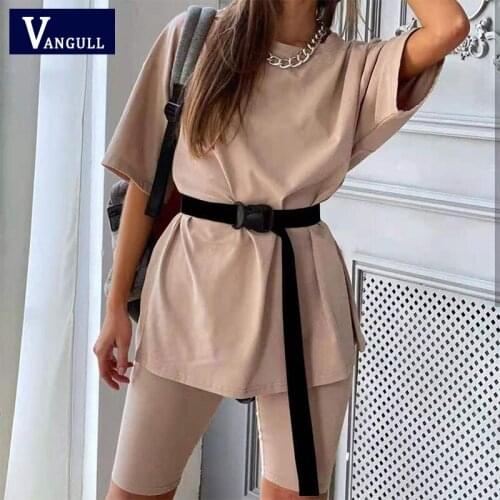 Vangull O Neck Loose Short Sleeve Top Shirt And Biker Shorts Casual Two Piece Sets Knitting Comfort Suit Spring 2021 Women Set