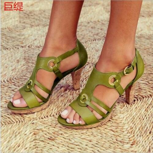 Women sandals PU Buckle Strap 6CM Thick heel High heels Round Toe Shallow women shoes sandalias mujer 2020 size 35-42 black