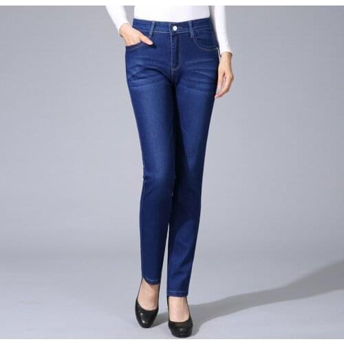 Women Blue Jeans Autumn Spring Casual Straight Denim Trousers Female Zipper Front Woman Leisure Jean Pant Plus Size Leisure Wear