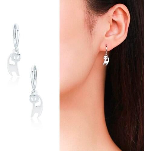 Cute 925 Sterling Silver Loop Circle Link Gato Cat Charm Drop Dangle Earrings For Women Girls Kids Jewelry Aros Aretes kolczyki