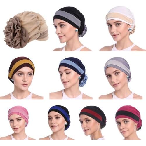Womens Elegant Stretchy Flower Block Color Muslim Turban Chemo Cancer Cap Beanie