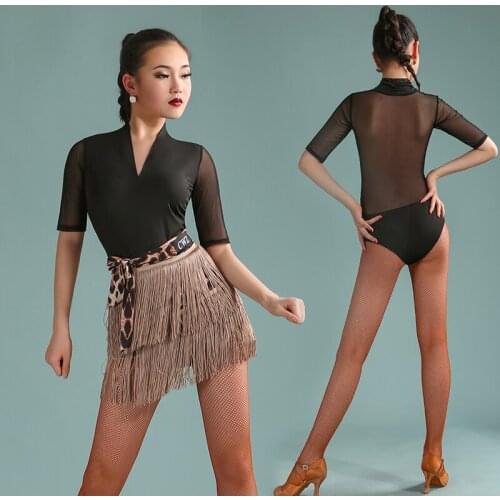 Latin Dance Shirt Female Adult Sexy Bodysuit Middle Sleeve Mesh V-Neck Dance Practice Clothes Latin Performance Clothes DN7797