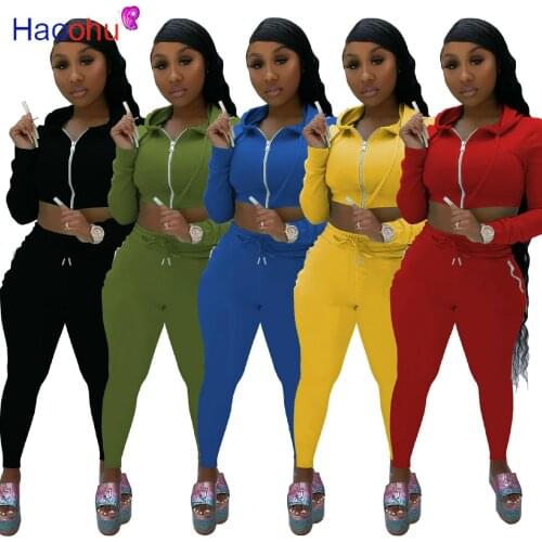Women Casual Solid Two Piece Outfits Long Sleeve Hooded Zipper Crop Jackets Tops Jogger Sweatpant Streetwear Slim Matching Sets