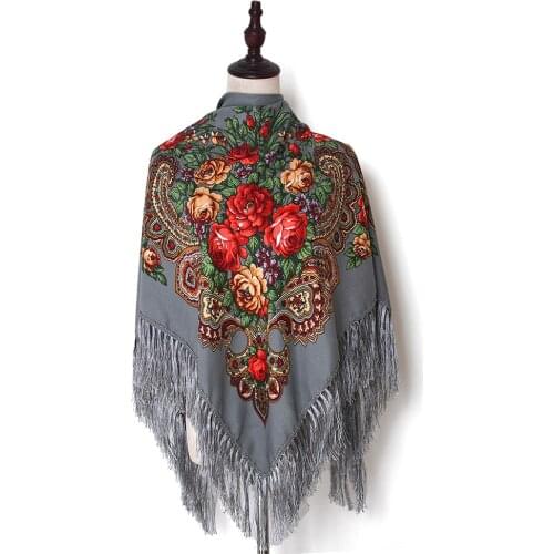 Scarf Women Russian Shawl Head Wrap Floral Hijab Babushka Ukrainian Scarves Square Blanket Tassel Retro Handkerchief Fringe