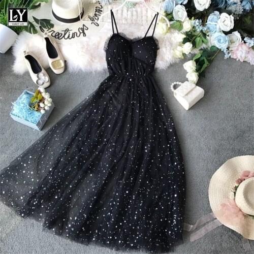 LY VAREY LIN 2021 women summer Stars V-neck Sleeveless Vestidos Sexy Dress equined Party Dress Mesh Patchwork New Long Dresses