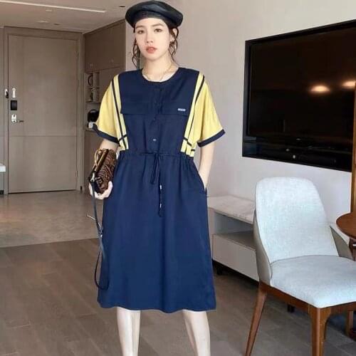 Copper ammonia silk texture dress contrast stitching new summer female drawstring waist bat sleeve solid color A-line over the k