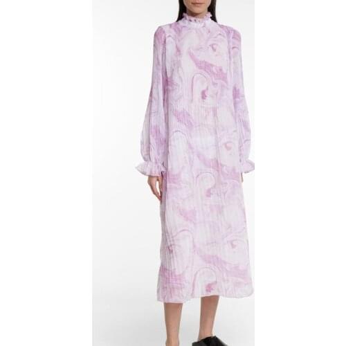 2021 Spring Women Dress Ladies Pleated Midi Robes Purple Long Puff sleeve Floral Print Slim Waist Long Dress Girls Clothing