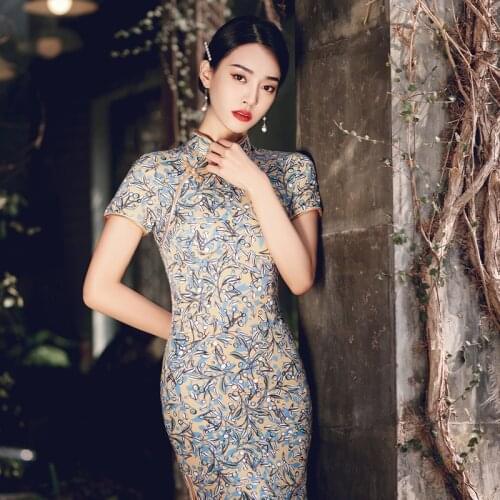 Chinese Women Dress Cheongsam Qipao Vintage Dress 2021 Summer Split Long Dresses for Women Slim Floral Print Sexy Dress Bodycon