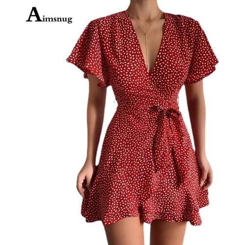 Aimsnug 2021 Summer Ladies Elegant V-neck Short Dress Short Sleeve Flower Print Dresses Plus size Women Bohemian Dress Femme