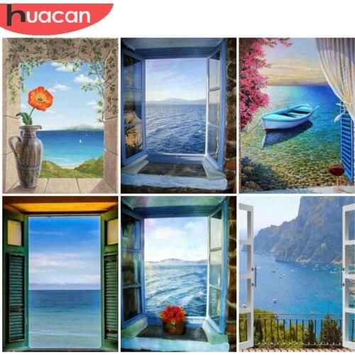 HUACAN Diamond Painting Window Seascape Cross Stitch 5D Diamond Mosaic Boat Home Art Decoration For Home