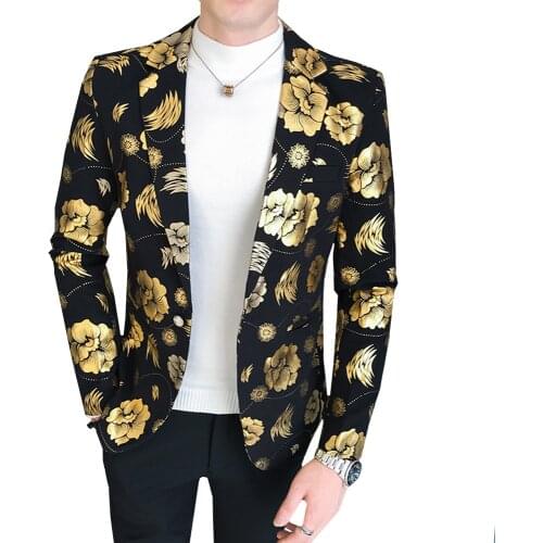 Tuxedos Men Slim Fit Floral Blazer Jacket Suit Trend Print Flowers Fashion Male Party Stage Formal Dress Silver Gold Blazers