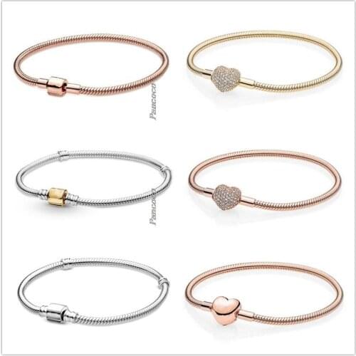 Authentic 925 Sterling Silver Bracelet Moments Barrel Clasp Snake Chain Bangle Fit Bead Charm Diy Fashion Jewelry