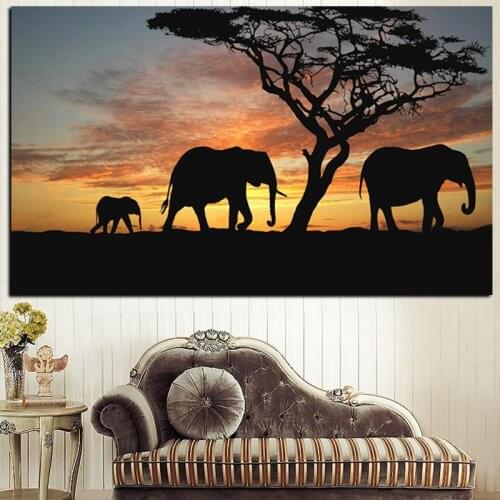 Tree African Elephant Sunset Landscape Painting Print on Canvas Animal Art Wall Picture Artwork for Living Room Cuadros Decor
