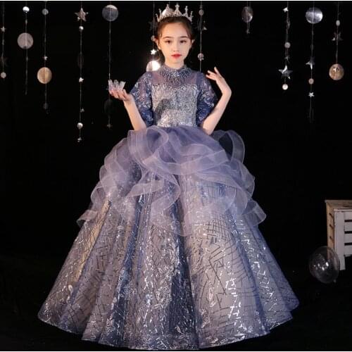 Children Sequins Stitching Flower Girls Evening Gown Kids Catwalk Birthday Party Princess Dress For Girls Vestidos L835
