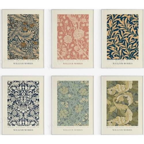 William Morris Flower Motif - Art Set of 6 - Botanical Pattern Wall Art - Art Nouveau - 19th Century Canvas Print Poster Art