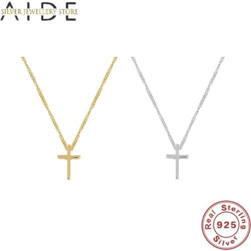 AIDE Punk 925 Sterling Silver Necklace For Women Geometric Glossy Cross Pendant Chain Collares Fine Jewelry Gift bijoux femme