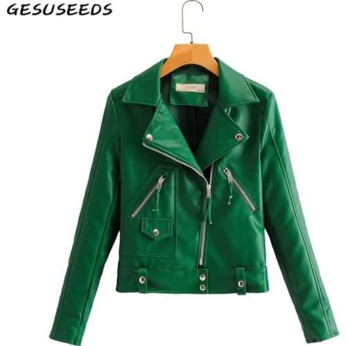 Casual faux leather jacket women 2021 korean coat fashion moto jacket green black leather jacket turn down collar outerwear lady