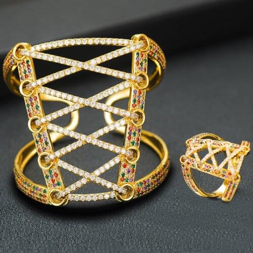 LARRAURI 2PCS Wide Big Corset Bracelets/Ring Jewelry Sets Luxury Cubic Zirconia Girls Women Patry Wedding Open Bangle Rings 2020