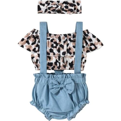 3Pcs Baby Newborn Summer Outfits Short Sleeve Leopard Top Suspender Solid Shorts Headband Infant Toddler Sets Baby Clothes 3-18M