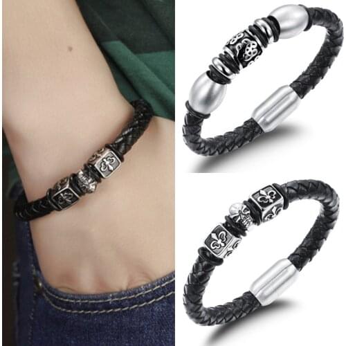 BONISKISS 21cm Cool Jewelry Mens Bracelets Genuine Leather Titanium Steel Bracelet for Men Creative Skull Boutique Wholesale