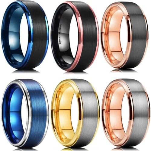 Luxury Jewelry Accessories Men’s 8MM Tungsten Ring Blue Rose Black Brushed Titanium Steel Rings for Men Engagement Wedding Band