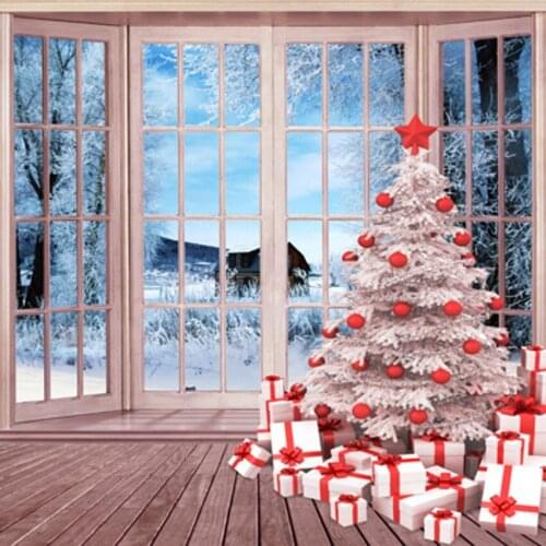 Snow Tree Red Ball Wood Floor Window Winter Snowy World Christmas Backdrops Photography Backgrounds for Photo Studio 5'*6.5