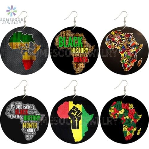 SOMESOOR Black History Month African Map Desgin Wooden Drop Earrings Afro Faith Power Fist Painted Wood Jewelry For Women Gifts