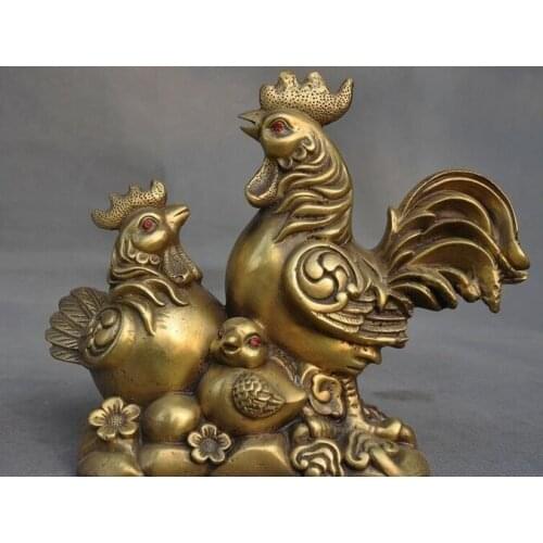 Old China Feng Shui brass auspicious Zodiac year three Chickens statue