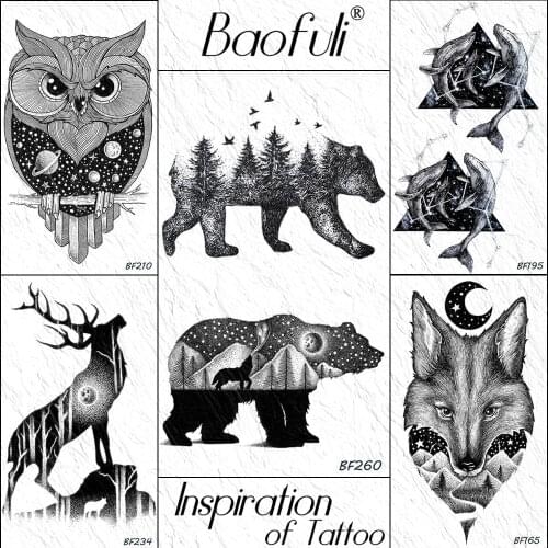 Galaxy Pine Tree Bear Tattoo Temporary Planet Mountain Fake Tatoo Sticker Fox Owl Henna Waterproof Tattoo For Men Women Body Art